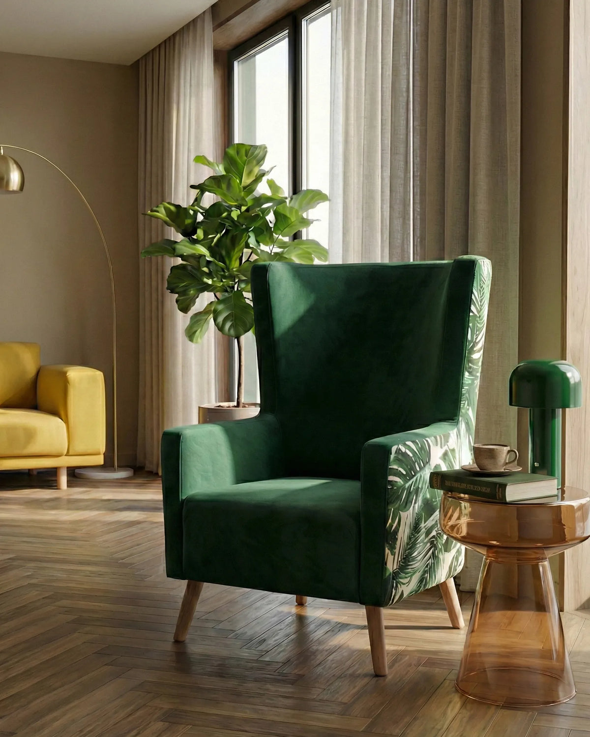 Wingback Chair ONEIDA Velvet Dark Green — In the room