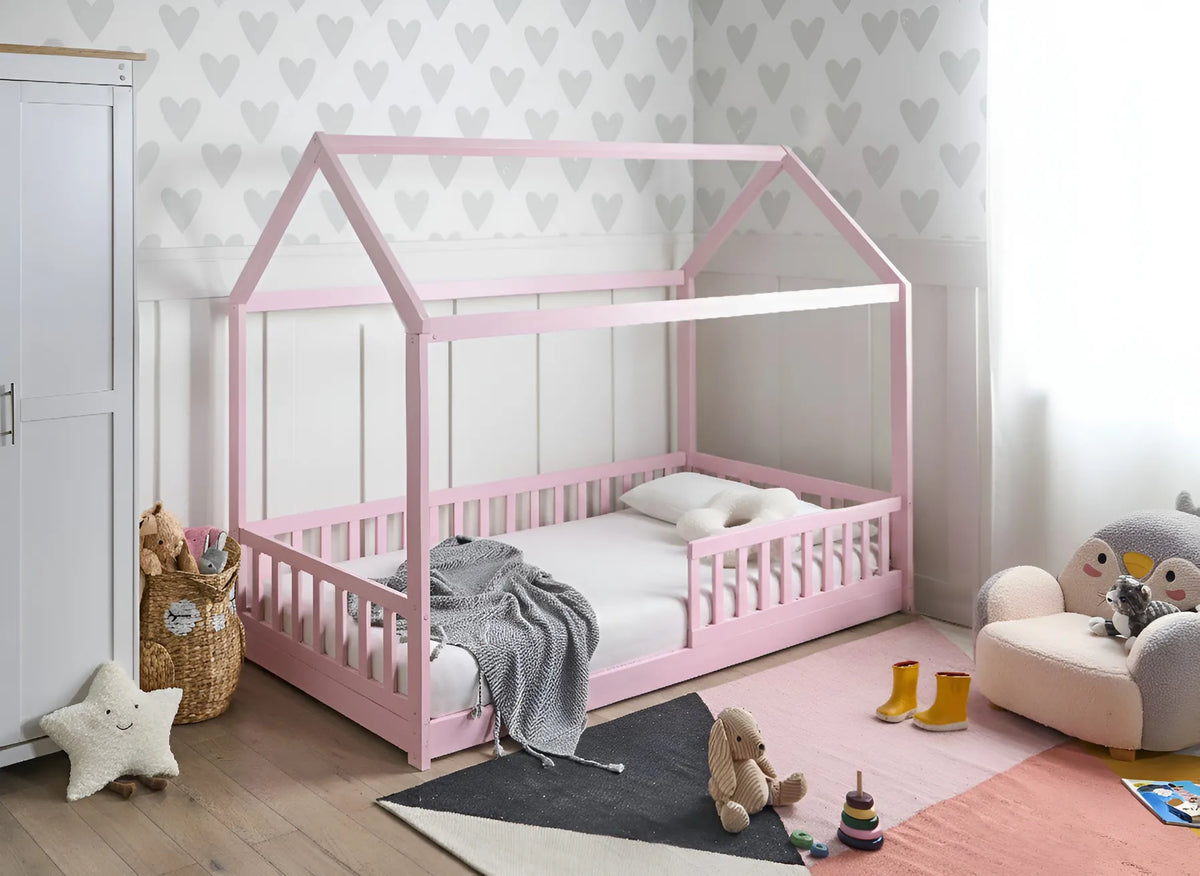 Kids Bed House Pine Wood COSSAYE 90 x 200 cm (EU Single) Pastel Pink — In the room