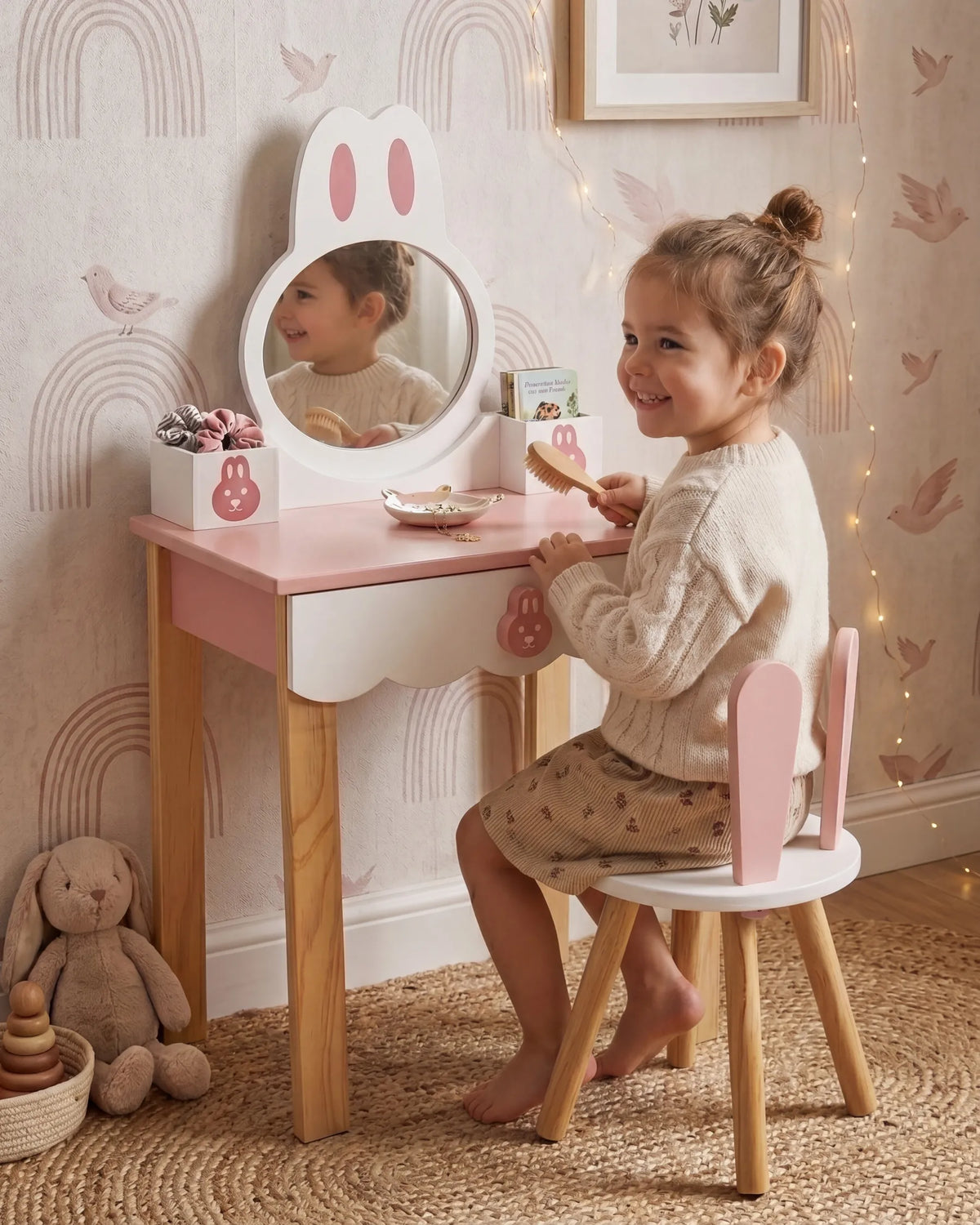 Kids Vanity Table with Chair LENAH Pink — In the room