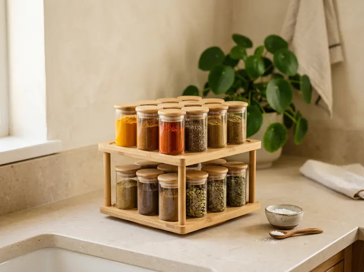 After: the same counter, tidy, with the bamboo rotating spice rack and 16 labelled glass jars