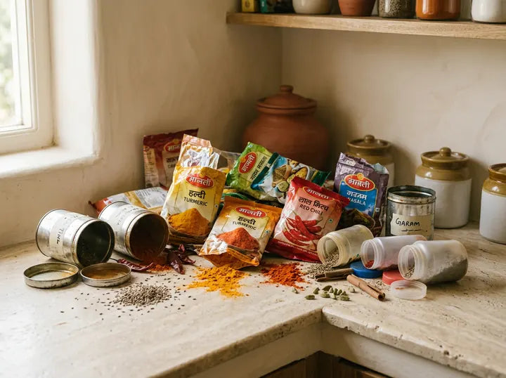 Before: torn spice packets and loose tins spilling across a kitchen counter